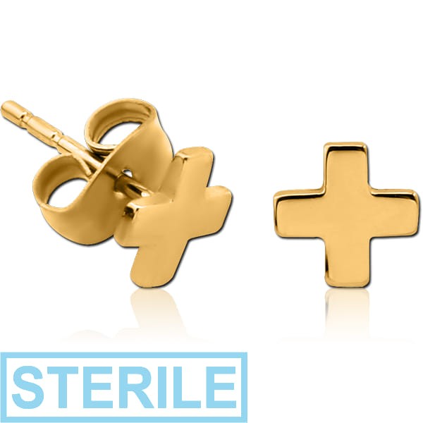 STERILE GOLD PVD COATED SURGICAL STEEL EAR STUDS PAIR - CROSS