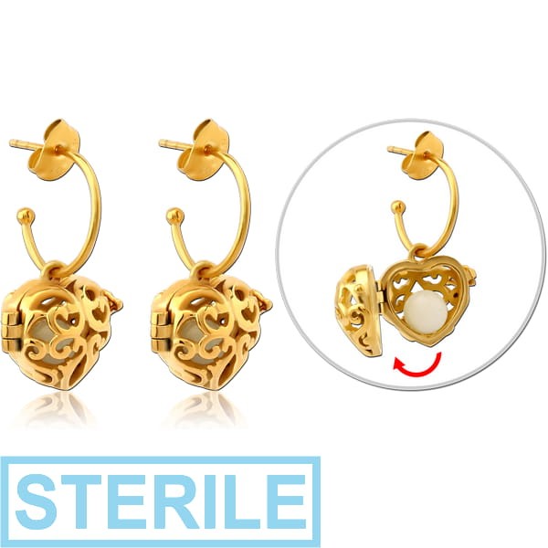 STERILE GOLD PVD COATED SURGICAL STEEL EAR STUDS PAIR - HEART LOCKET