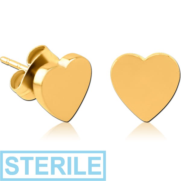 STERILE GOLD PVD COATED SURGICAL STEEL EAR STUDS PAIR - HEART FLAT
