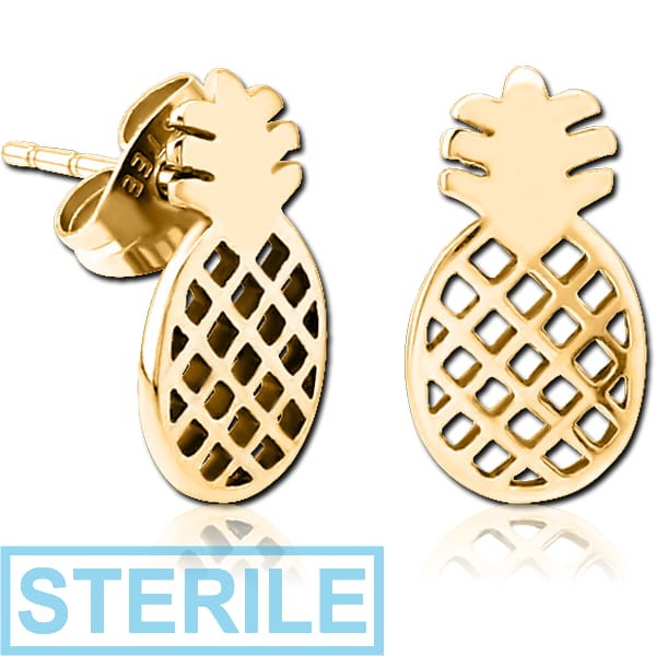STERILE GOLD PVD COATED SURGICAL STEEL EAR STUDS PAIR - PINEAPPLE