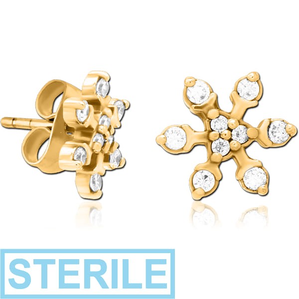 STERILE GOLD PVD COATED SURGICAL STEEL JEWELLED EAR STUDS PAIR - SNOWFLAKE