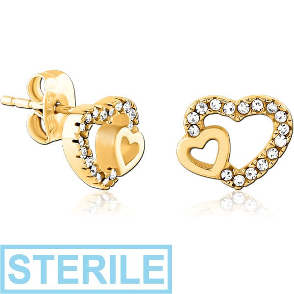 STERILE GOLD PVD COATED SURGICAL STEEL JEWELLED EAR STUDS PAIR