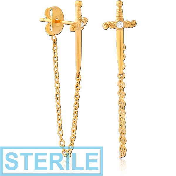 STERILE GOLD PVD COATED SURGICAL STEEL JEWELLED EAR STUDS PAIR