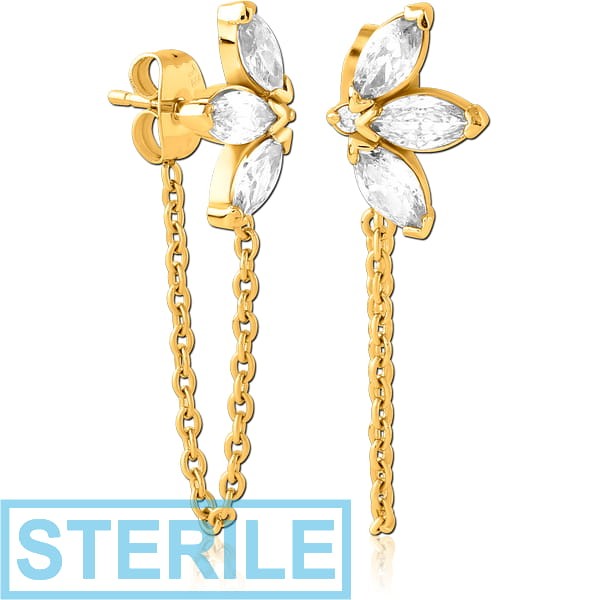 STERILE GOLD PVD COATED SURGICAL STEEL JEWELLED EAR STUDS PAIR