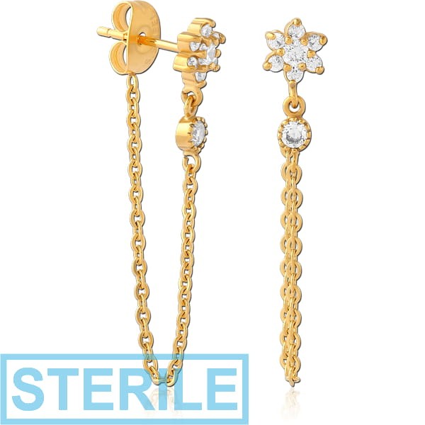 STERILE GOLD PVD COATED SURGICAL STEEL JEWELLED EAR STUDS PAIR