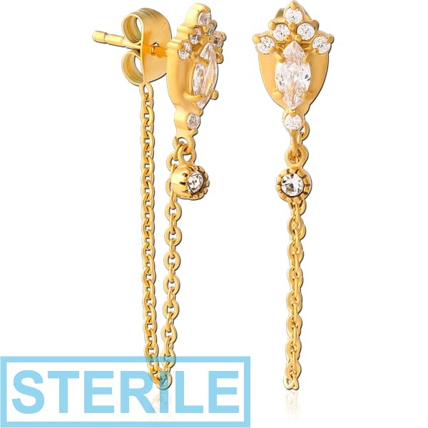 STERILE GOLD PVD COATED SURGICAL STEEL JEWELLED EAR STUDS PAIR