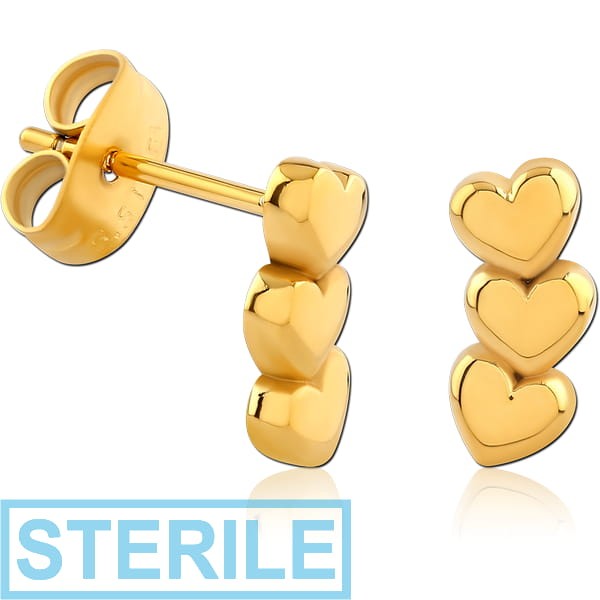STERILE GOLD PVD COATED SURGICAL STEEL EAR STUDS PAIR HEART