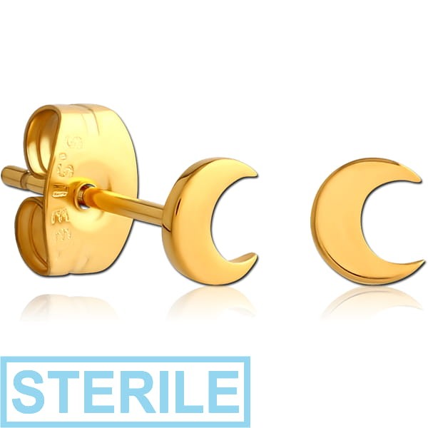 STERILE GOLD PVD COATED SURGICAL STEEL EAR STUDS PAIR - CRESCENT MOON