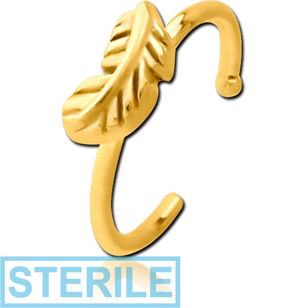 STERILE GOLD PVD COATED SURGICAL STEEL OPEN NOSE RING - FEATHER