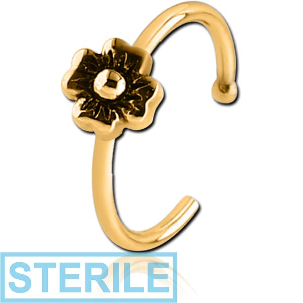 STERILE GOLD PVD COATED SURGICAL STEEL OPEN NOSE RING - FLOWER