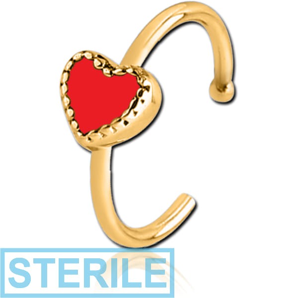 STERILE GOLD PVD COATED SURGICAL STEEL OPEN NOSE RING WITH ENAMEL - HEART