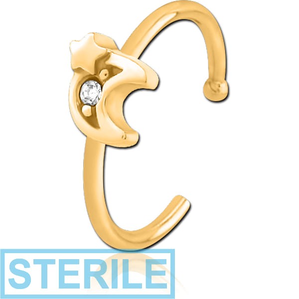 STERILE GOLD PVD COATED SURGICAL STEEL JEWELLED OPEN NOSE RING - CRESCENT AND STAR