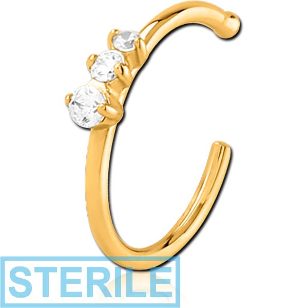 STERILE GOLD PVD COATED SURGICAL STEEL JEWELLED OPEN NOSE RING