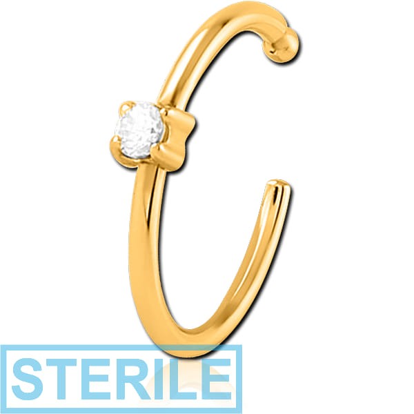 STERILE GOLD PVD COATED SURGICAL STEEL JEWELLED OPEN NOSE RING