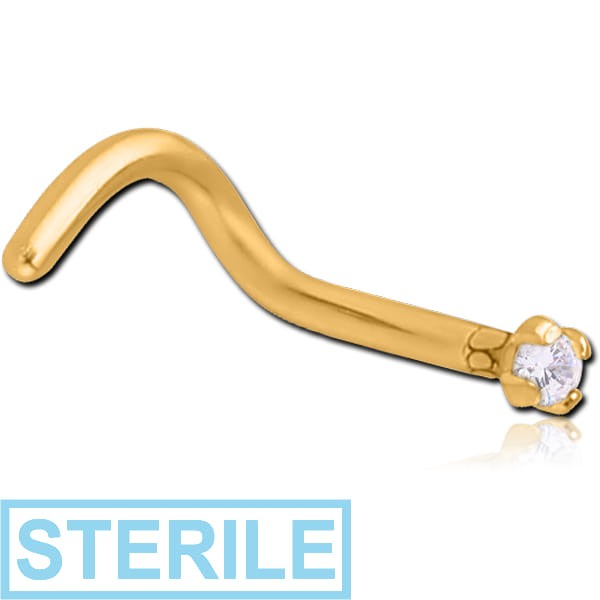 STERILE GOLD PVD COATED SURGICAL STEEL CURVED PRONG SET 1.5MM JEWELLED NOSE STUD