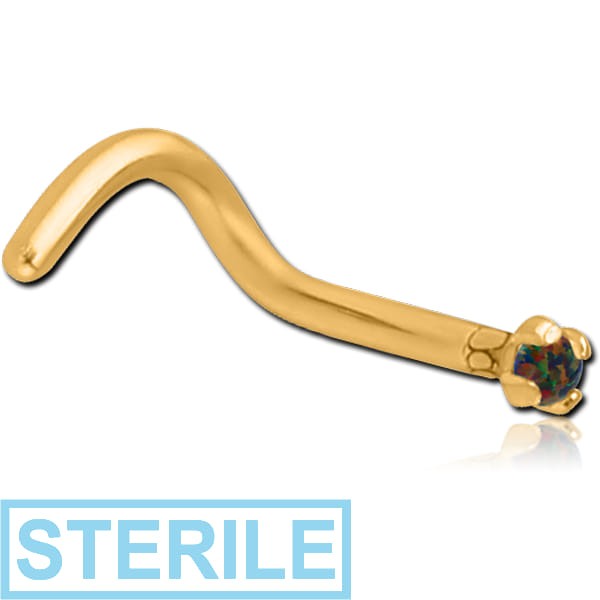 STERILE GOLD PVD COATED SURGICAL STEEL CURVED PRONG SET 1.5MM JEWELLED NOSE STUD WITH SYNTHETIC OPAL