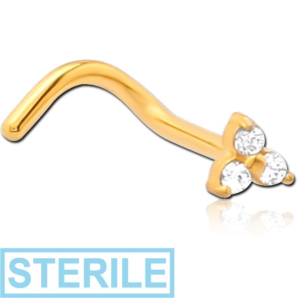STERILE GOLD PVD COATED SURGICAL STEEL CURVED PRONG SET JEWELLED TRINITY NOSE STUD
