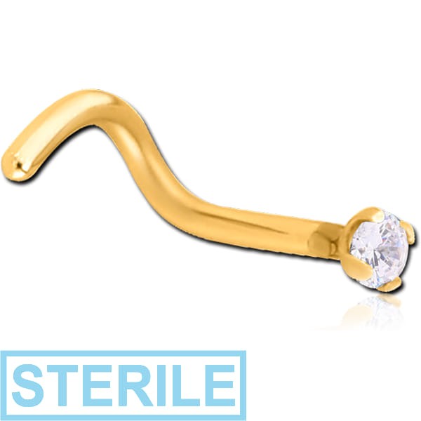 STERILE GOLD PVD COATED SURGICAL STEEL CURVED PRONG SET 2MM JEWELLED NOSE STUD