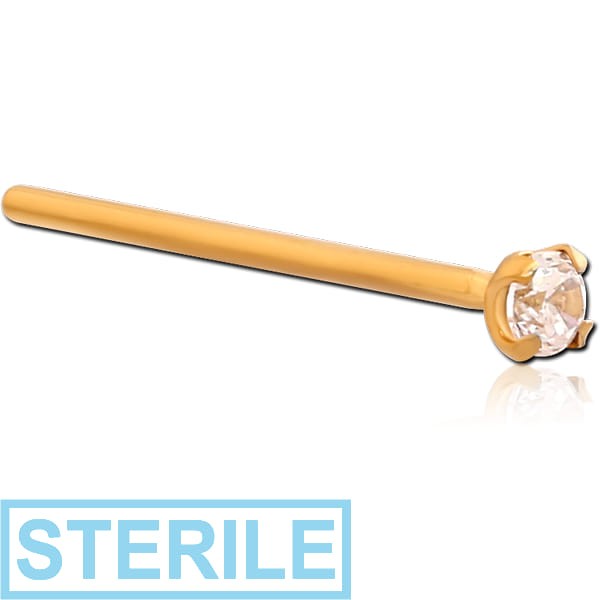 STERILE GOLD PVD COATED SURGICAL STEEL STRAIGHT PRONG SET 2MM JEWELLED NOSE STUD 15MM