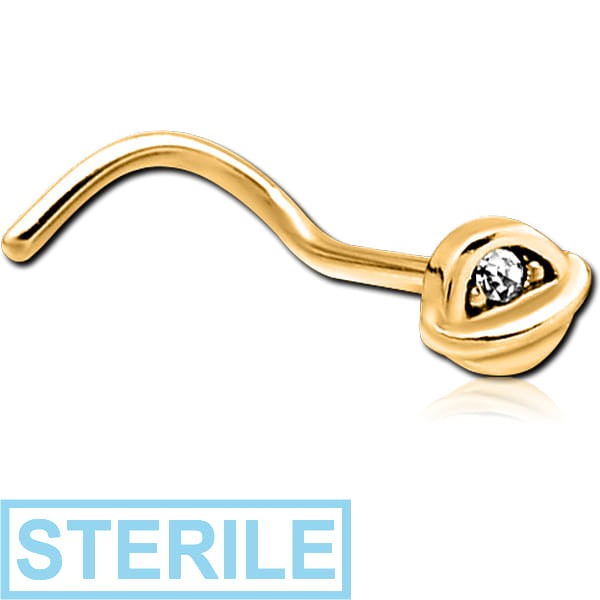 STERILE GOLD PVD COATED SURGICAL STEEL CURVED JEWELLED NOSE STUD