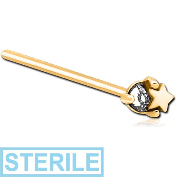 STERILE GOLD PVD COATED SURGICAL STEEL STRAIGHT JEWELLED NOSE STUD