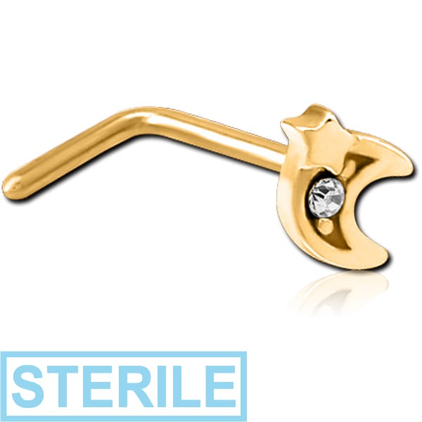 STERILE GOLD PVD COATED SURGICAL STEEL 90 DEGREE JEWELLED NOSE STUD - CRESCENT AND STAR