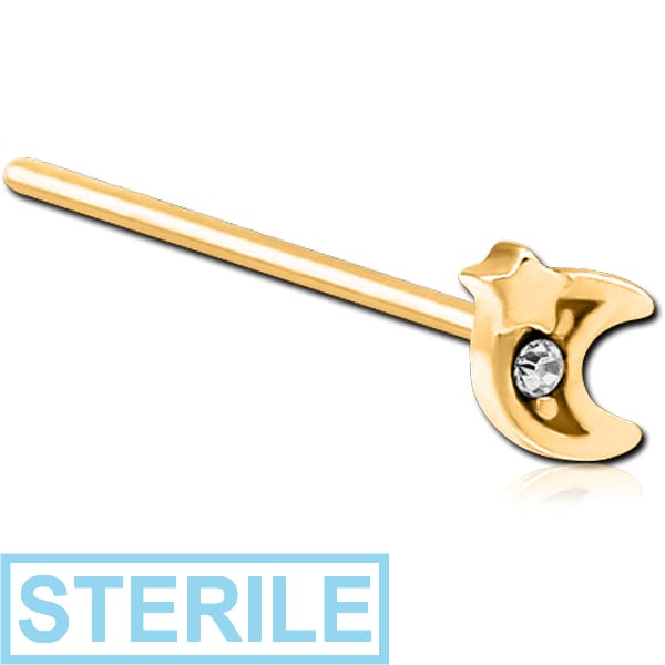 STERILE GOLD PVD COATED SURGICAL STEEL STRAIGHT JEWELLED NOSE STUD - CRESCENT AND STAR