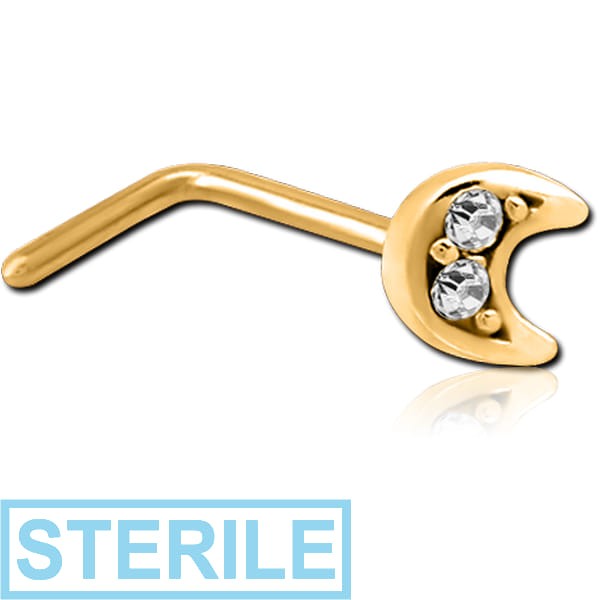STERILE GOLD PVD COATED SURGICAL STEEL 90 DEGREE JEWELLED NOSE STUD - CRESCENT