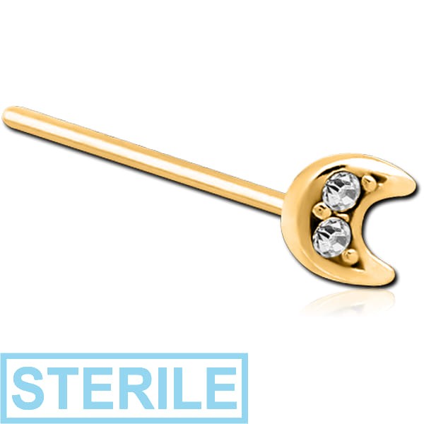 STERILE GOLD PVD COATED SURGICAL STEEL STRAIGHT JEWELLED NOSE STUD - CRESCENT