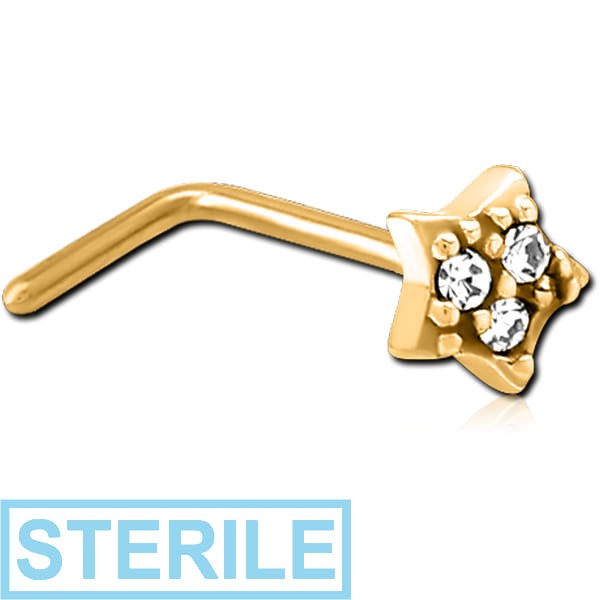 STERILE GOLD PVD COATED SURGICAL STEEL 90 DEGREE JEWELLED NOSE STUD - STAR
