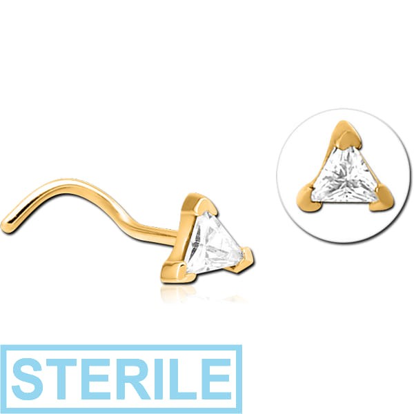 STERILE GOLD PVD COATED SURGICAL STEEL CURVED JEWELLED NOSE STUD - TRIANGLE
