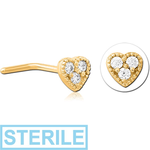 STERILE GOLD PVD COATED SURGICAL STEEL 90 DEGREE JEWELLED NOSE STUD - HEART