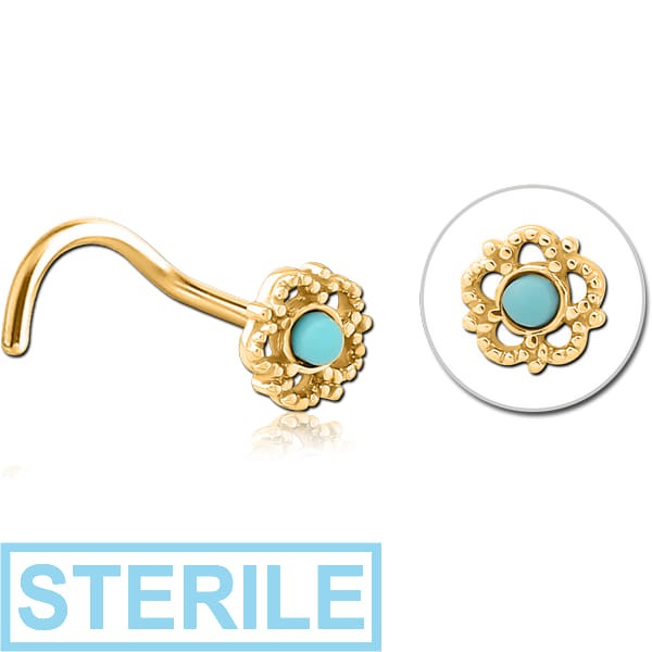STERILE GOLD PVD COATED SURGICAL STEEL CURVED JEWELLED NOSE STUD - FLOWER