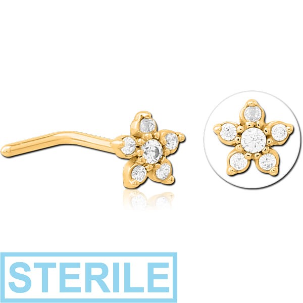STERILE GOLD PVD COATED SURGICAL STEEL 90 DEGREE JEWELLED NOSE STUD -FLOWER