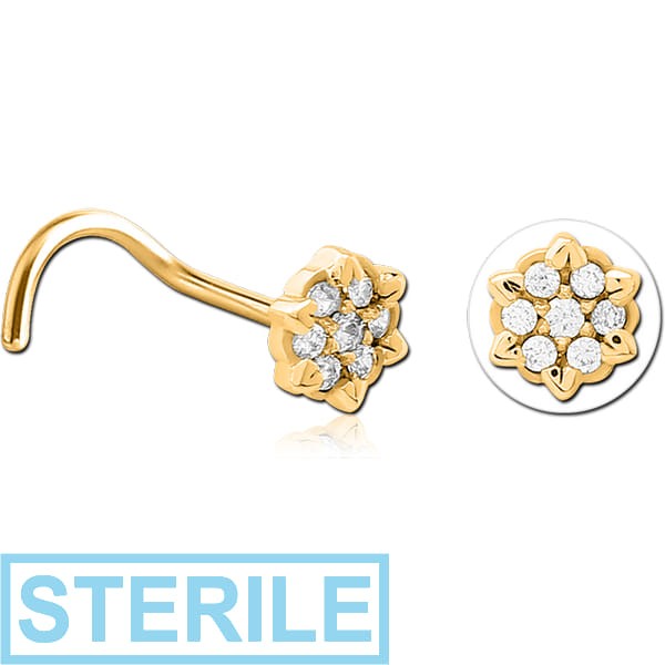 STERILE GOLD PVD COATED SURGICAL STEEL CURVED JEWELLED NOSE STUD - FLOWER