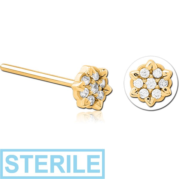 STERILE GOLD PVD COATED SURGICAL STEEL STRAIGHT JEWELLED NOSE STUD - FLOWER