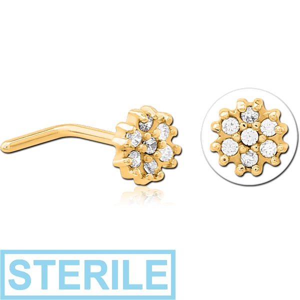 STERILE GOLD PVD COATED SURGICAL STEEL 90 DEGREE JEWELLED NOSE STUD - FLOWER