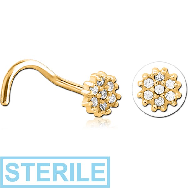 STERILE GOLD PVD COATED SURGICAL STEEL CURVED JEWELLED NOSE STUD - FLOWER