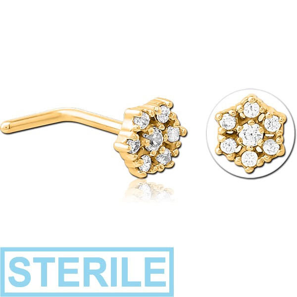 STERILE GOLD PVD COATED SURGICAL STEEL 90 DEGREE JEWELLED NOSE STUD - FLOWER