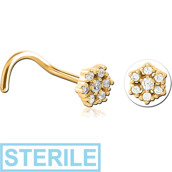 STERILE GOLD PVD COATED SURGICAL STEEL CURVED JEWELLED NOSE STUD - FLOWER