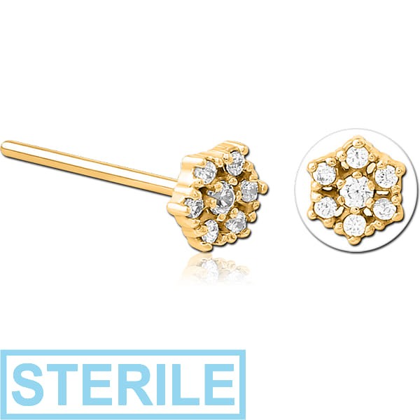 STERILE GOLD PVD COATED SURGICAL STEEL STRAIGHT JEWELLED NOSE STUD - FLOWER