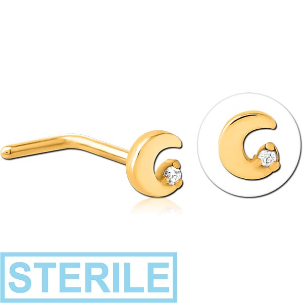 STERILE GOLD PVD COATED SURGICAL STEEL 90 DEGREE JEWELLED NOSE STUD