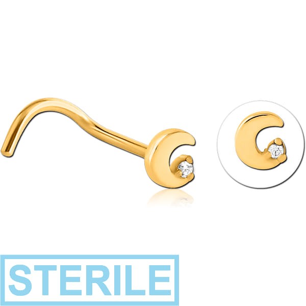 STERILE GOLD PVD COATED SURGICAL STEEL CURVED JEWELLED NOSE STUD