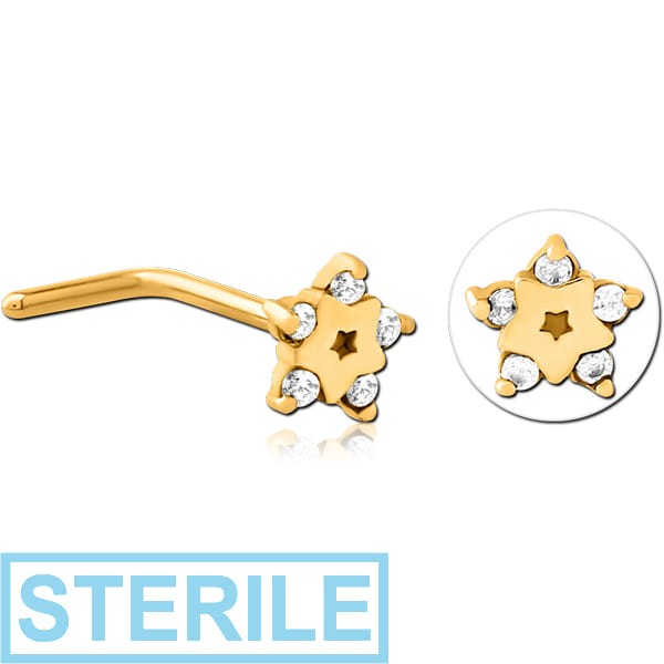 STERILE GOLD PVD COATED SURGICAL STEEL 90 DEGREE JEWELLED NOSE STUD