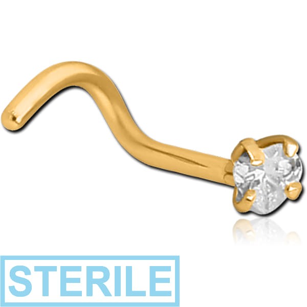 STERILE GOLD PVD COATED SURGICAL STEEL CURVED PRONG SET HEART JEWELLED NOSE STUD