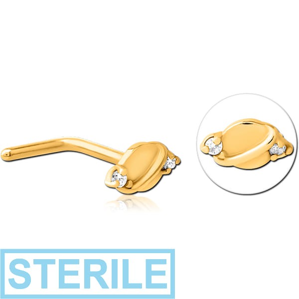 STERILE GOLD PVD COATED SURGICAL STEEL 90 DEGREE JEWELLED NOSE STUD