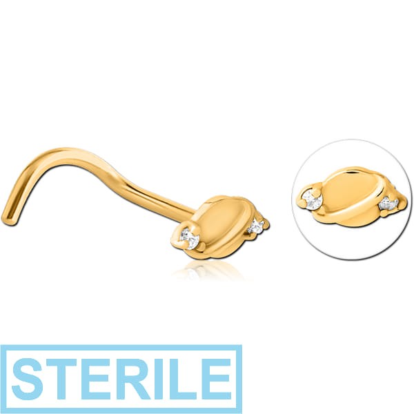 STERILE GOLD PVD COATED SURGICAL STEEL CURVED JEWELLED NOSE STUD