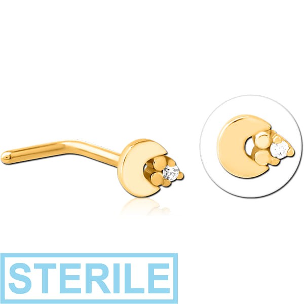 STERILE GOLD PVD COATED SURGICAL STEEL 90 DEGREE JEWELLED NOSE STUD