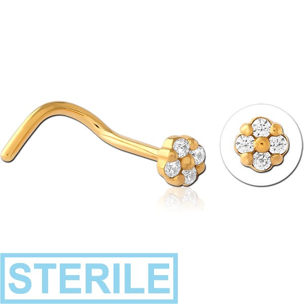 STERILE GOLD PVD COATED SURGICAL STEEL JEWELLED NOSE STUDS