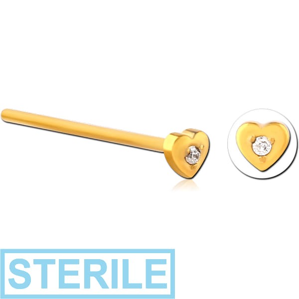 STERILE GOLD PVD COATED SURGICAL STEEL CURVED JEWELLED NOSE STUD
